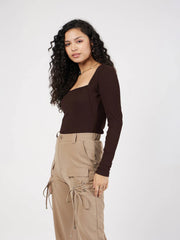 Women Dark Brown Rib Square Neck Full Sleeves Top-SFTOPS42101