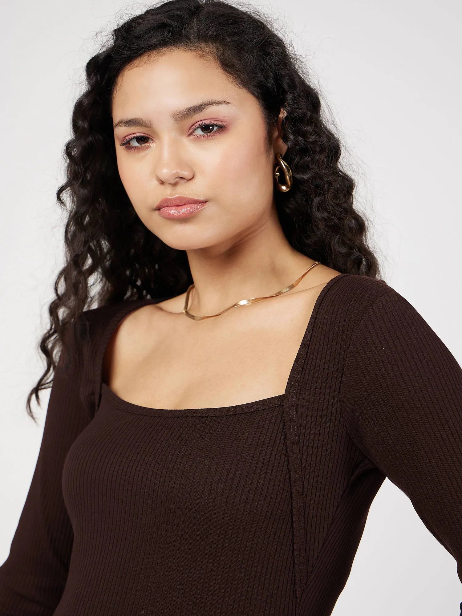 Women's Western Wear: Dark Brown Ribbed Square Neck Top