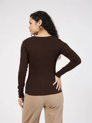 Women Dark Brown Rib Square Neck Full Sleeves Top-SFTOPS42101