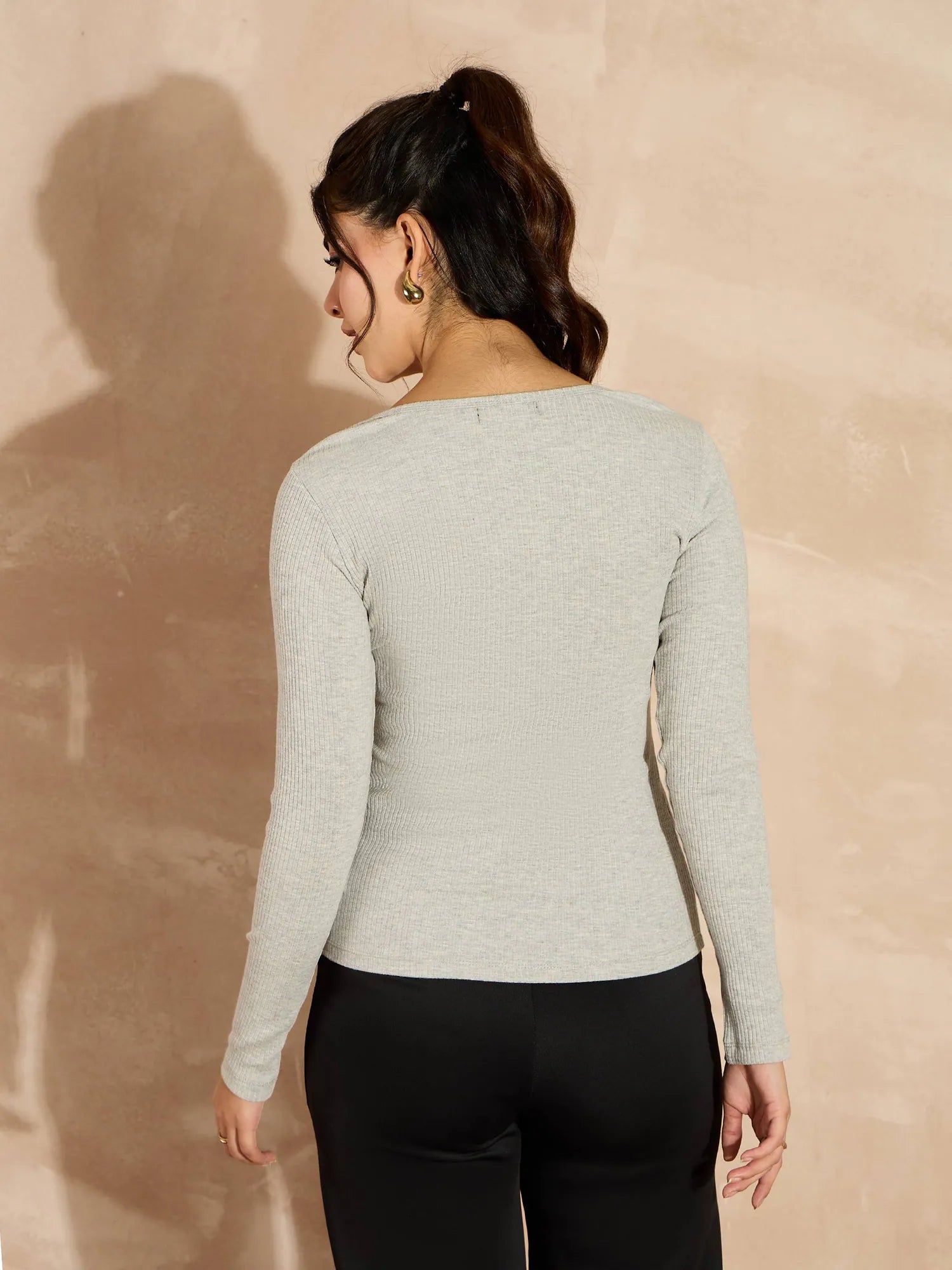 Grey Ribbed Square Neck Top | Women's Western Wear Style (54)