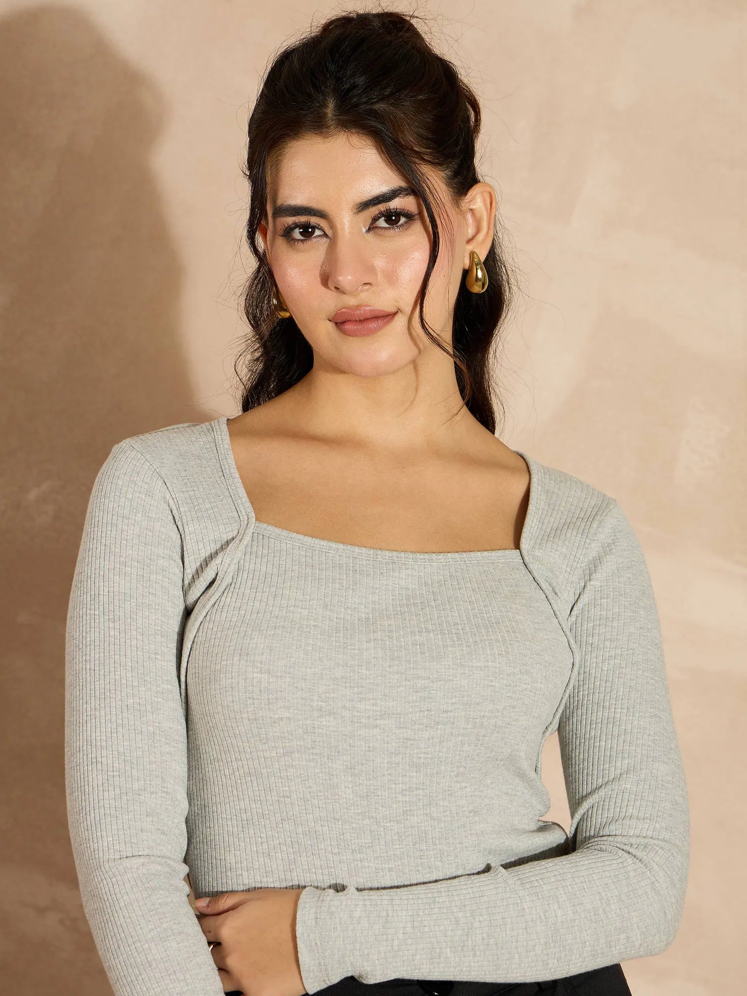 Grey Ribbed Square Neck Top | Women's Western Wear Style (54)