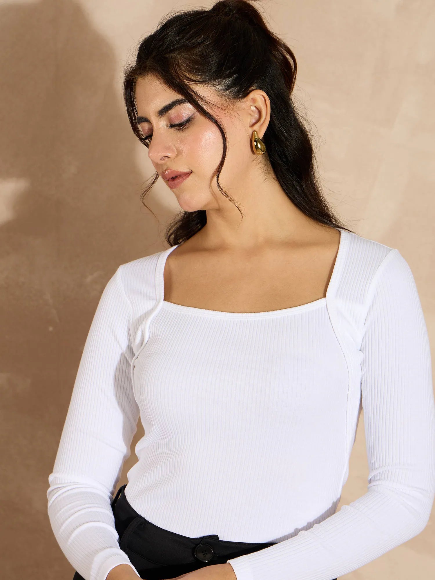 White Ribbed Square Neck Top | Women's Western Wear