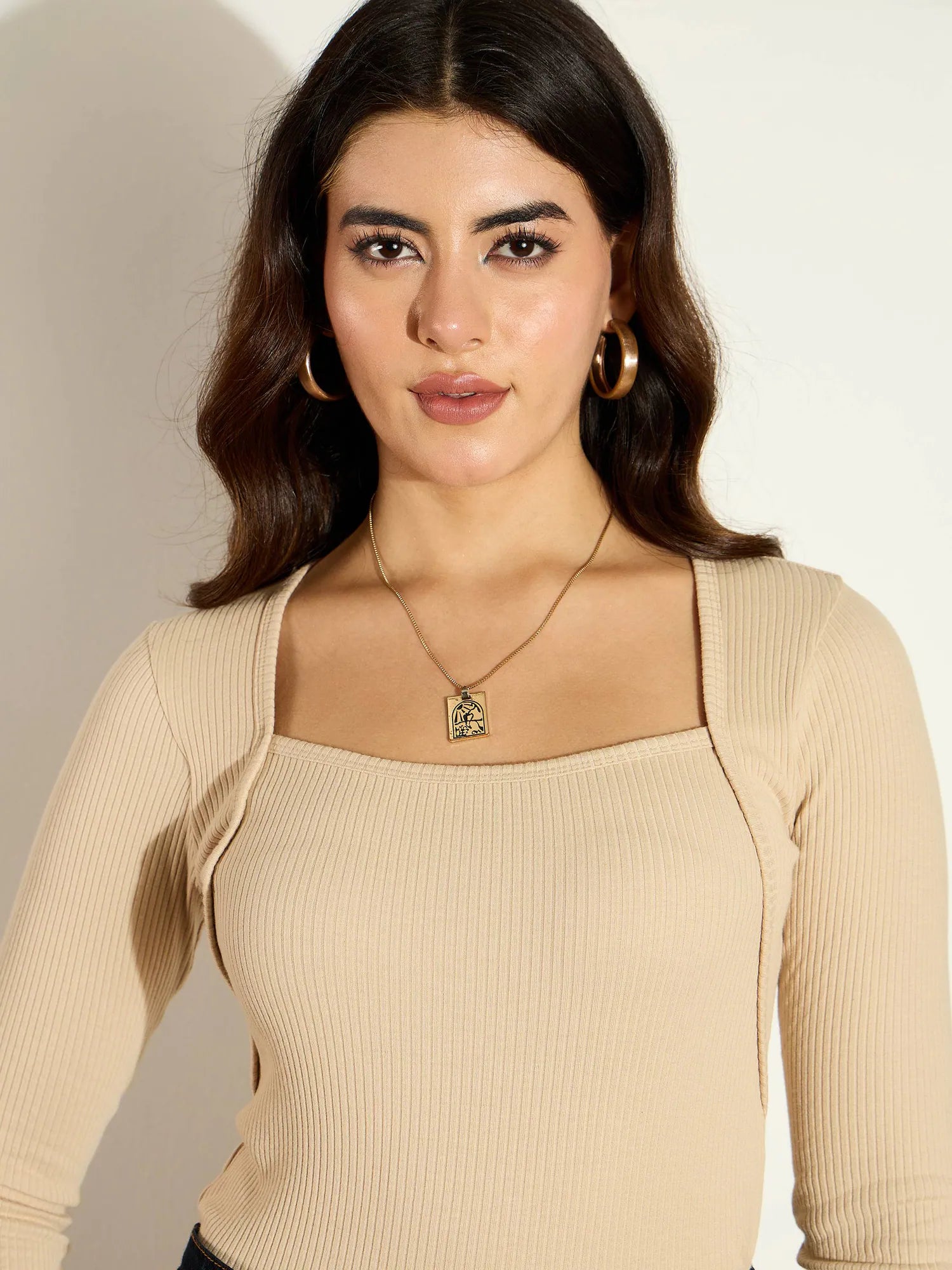 Beige Ribbed Square Neck Top - Women's Western Clothing