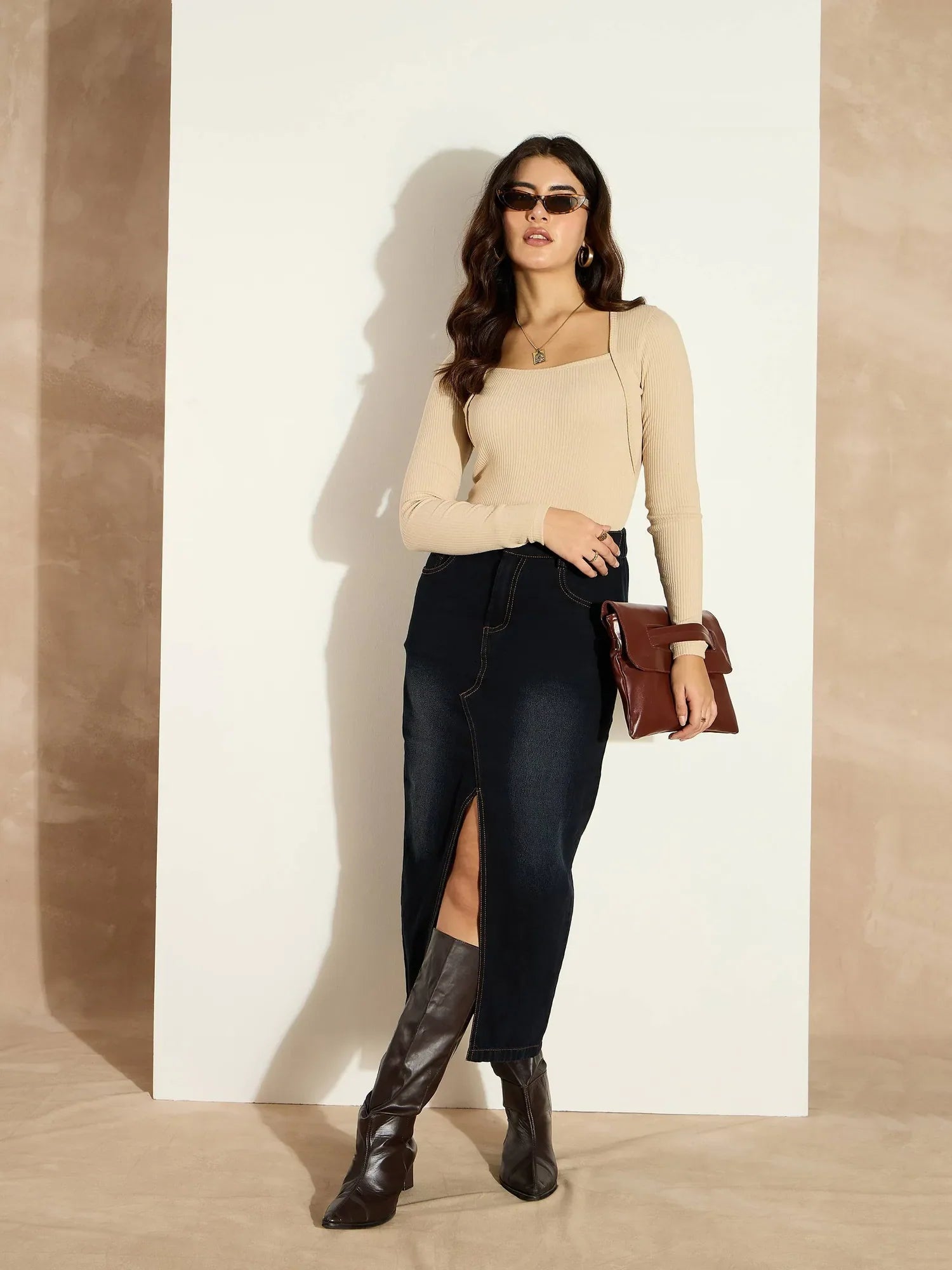 Beige Ribbed Square Neck Top - Women's Western Clothing