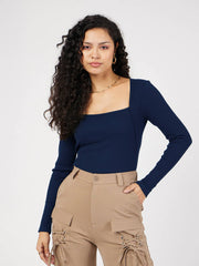 Women Navy Blue Rib Square Neck Full Sleeves Top-SFTOPS42105