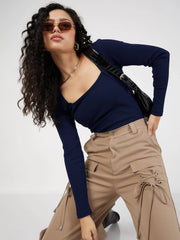 Women Navy Blue Rib Square Neck Full Sleeves Top-SFTOPS42105
