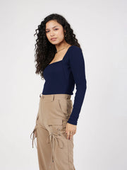 Women Navy Blue Rib Square Neck Full Sleeves Top-SFTOPS42105