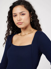 Women Navy Blue Rib Square Neck Full Sleeves Top-SFTOPS42105