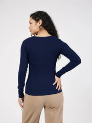 Women Navy Blue Rib Square Neck Full Sleeves Top-SFTOPS42105