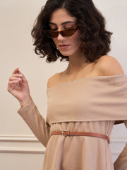 Women Beige Off-Shoulder Belted Peplum Top-SFTOPS42112