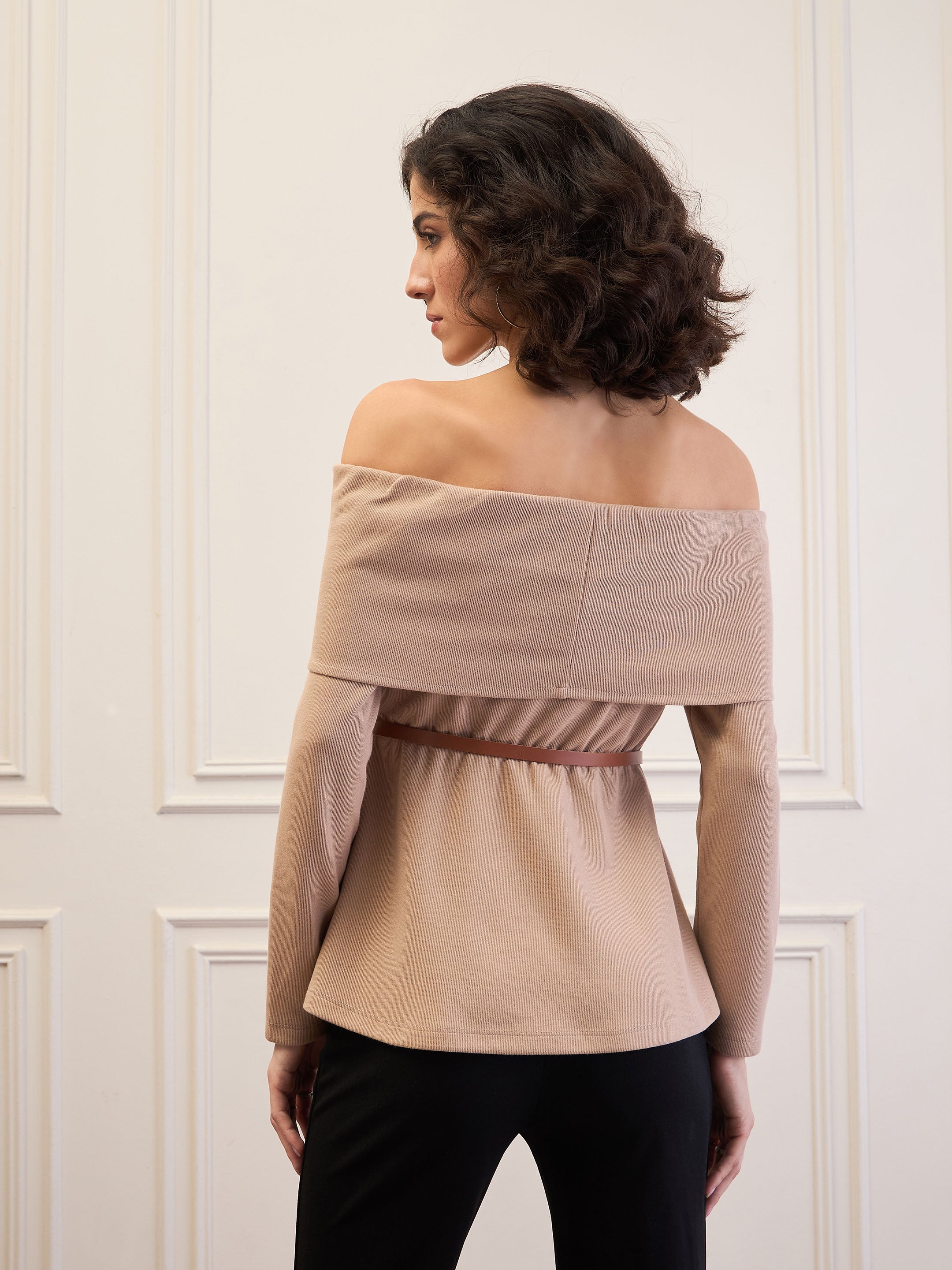 Women Beige Off-Shoulder Belted Peplum Top-SFTOPS42112