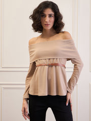 Women Beige Off-Shoulder Belted Peplum Top-SFTOPS42112