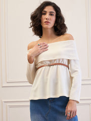 Women Off-White Off-Shoulder Belted Peplum Top-SFTOPS42113