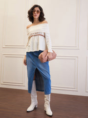 Women Off-White Off-Shoulder Belted Peplum Top-SFTOPS42113
