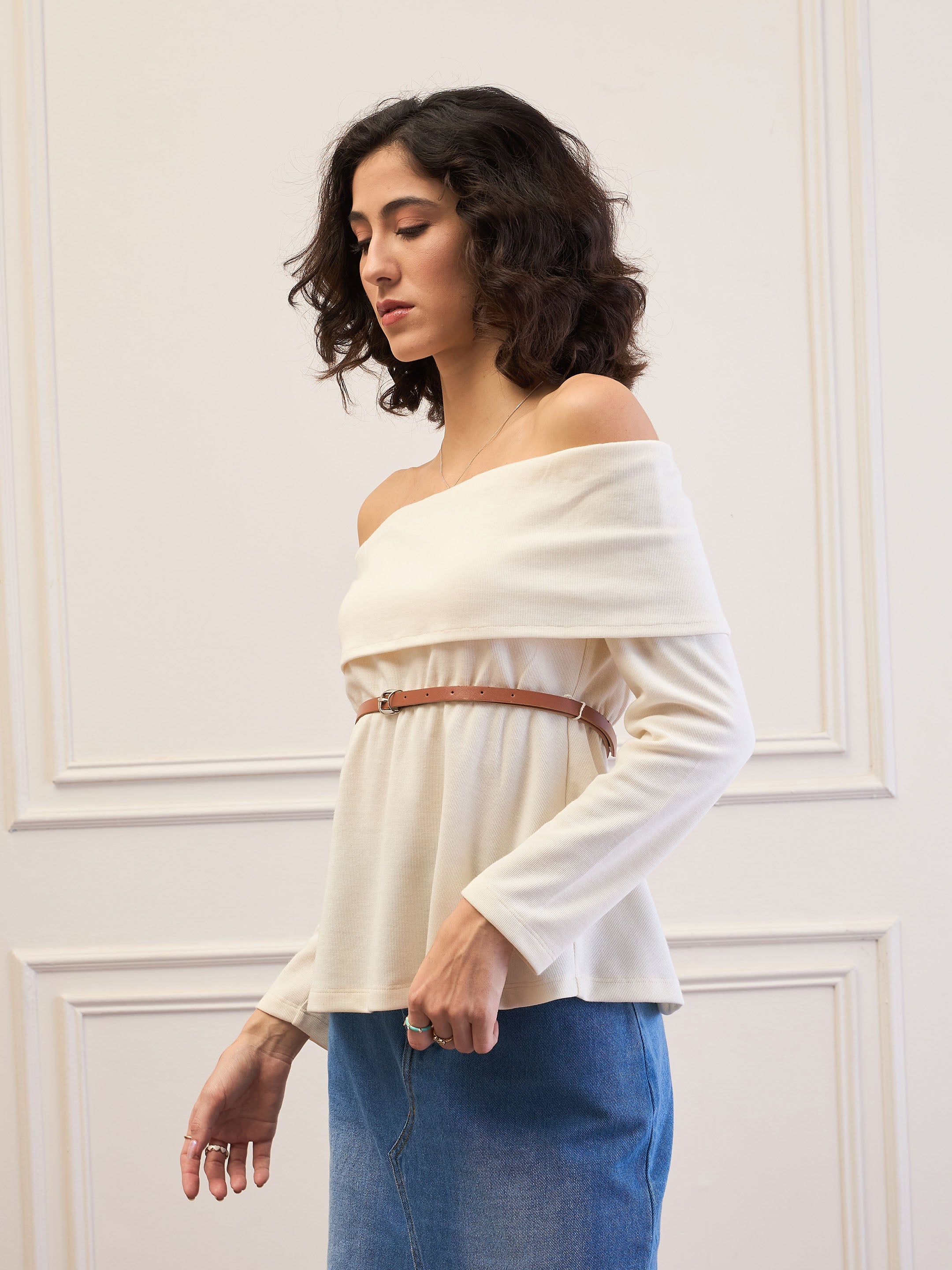 Women Off-White Off-Shoulder Belted Peplum Top-SFTOPS42113