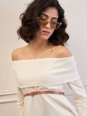 Women Off-White Off-Shoulder Belted Peplum Top-SFTOPS42113