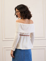 Women Off-White Off-Shoulder Belted Peplum Top-SFTOPS42113
