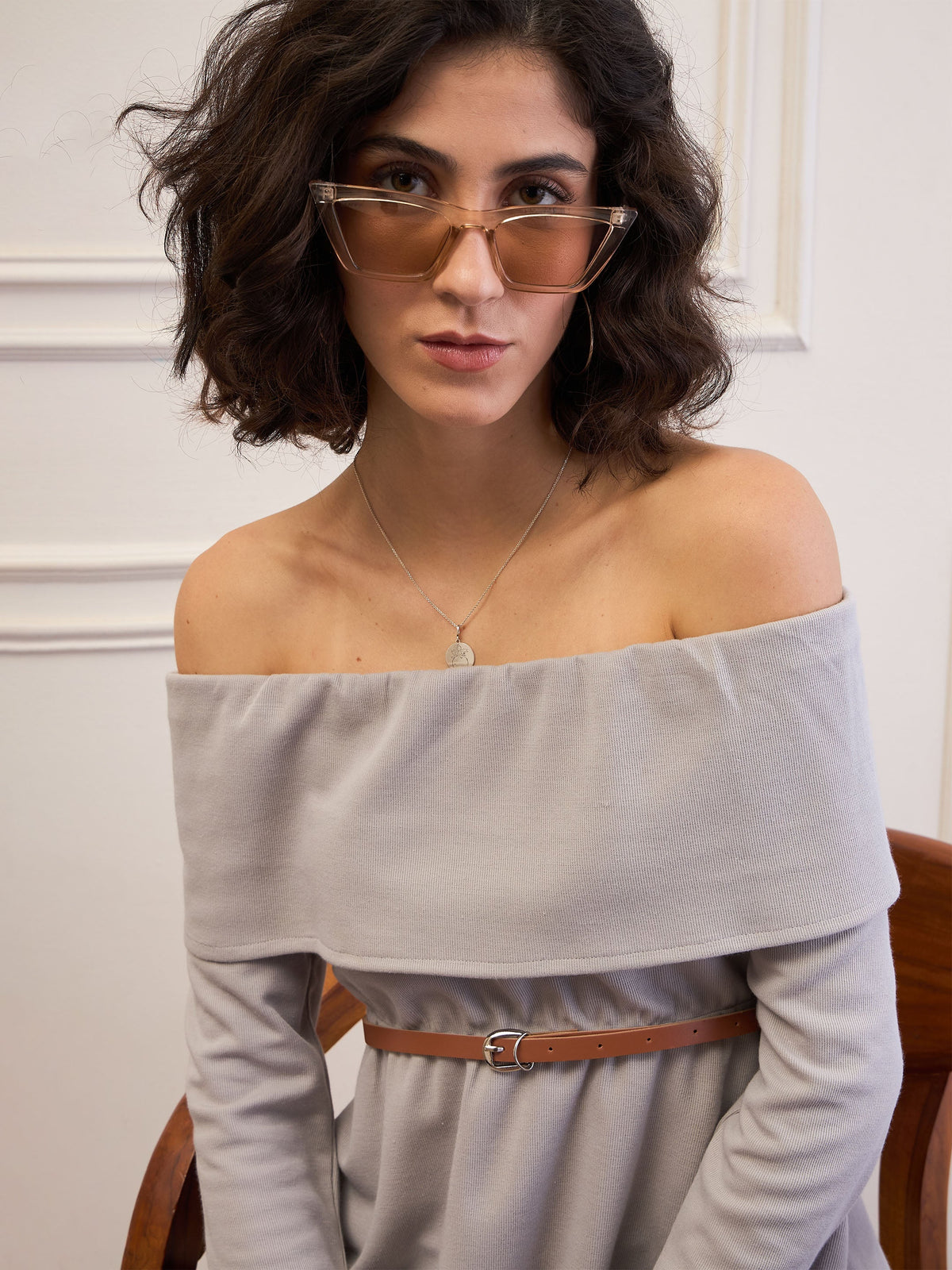 Women Grey Off-Shoulder Belted Peplum Top-SFTOPS42114