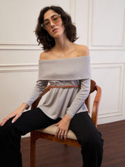 Women Grey Off-Shoulder Belted Peplum Top-SFTOPS42114