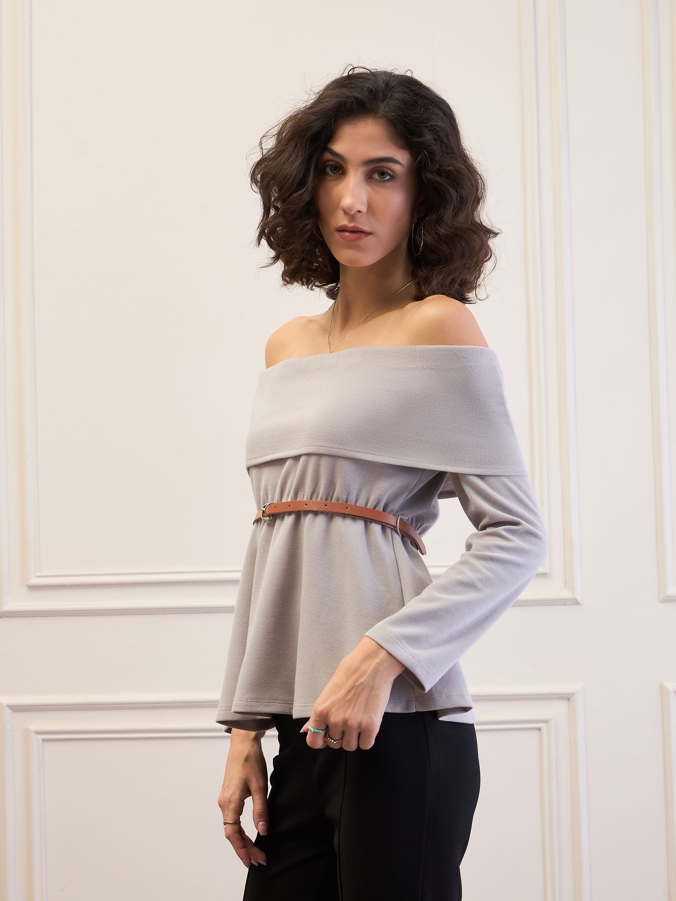 Women Grey Off-Shoulder Belted Peplum Top-SFTOPS42114