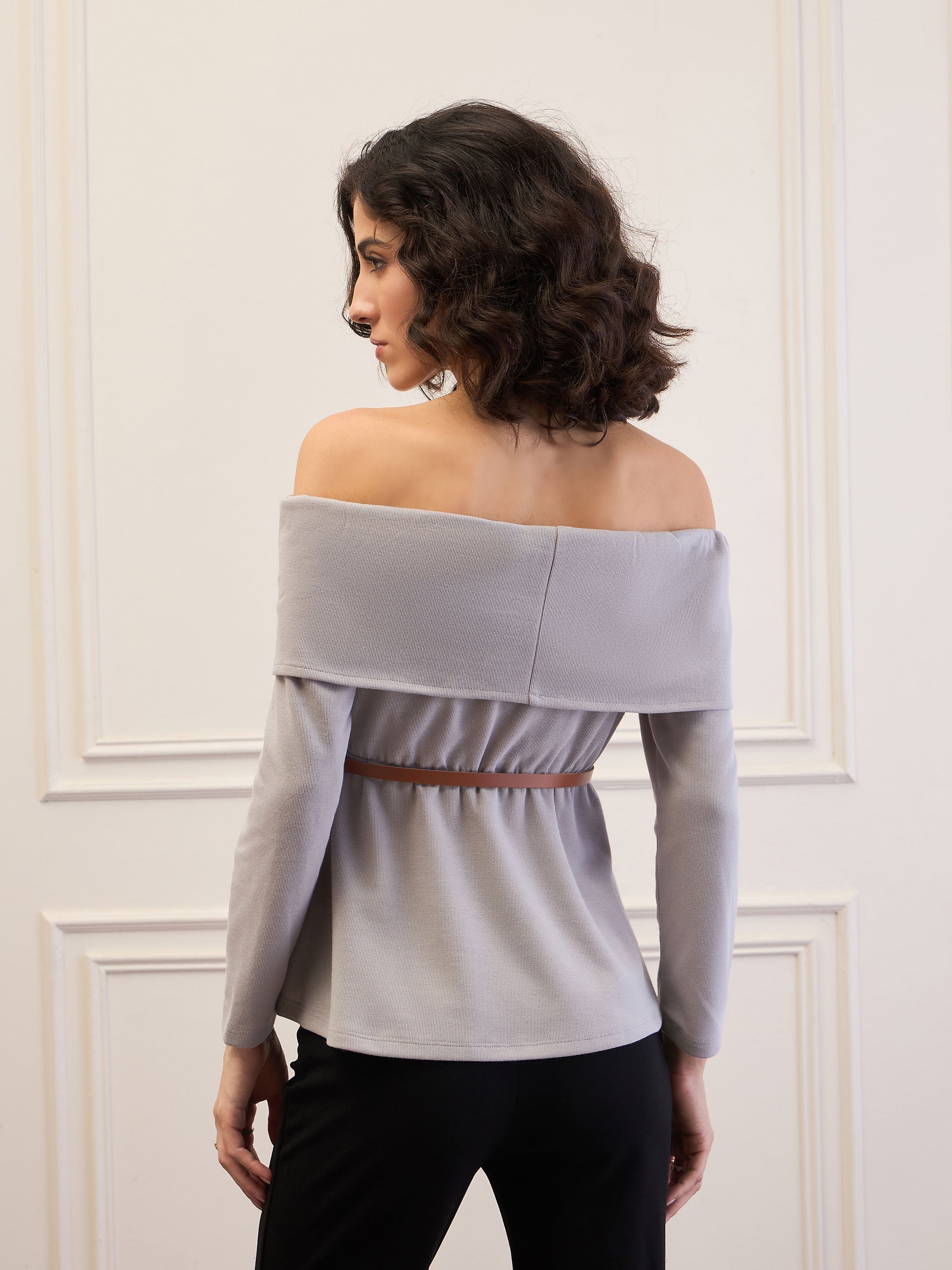 Women Grey Off-Shoulder Belted Peplum Top-SFTOPS42114