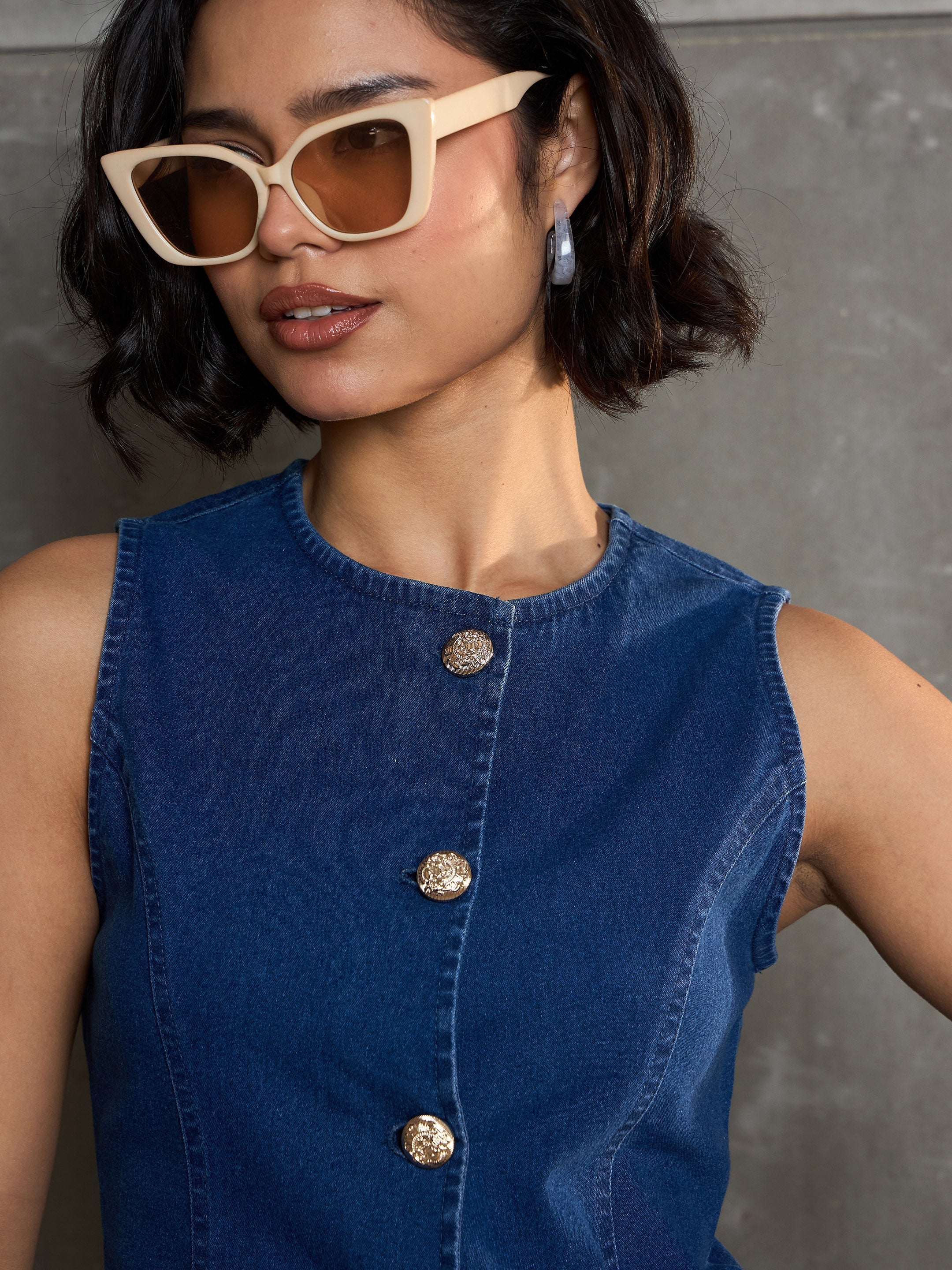 Women Navy Denim Front Open Sleeveless Top-SFTOPS42149