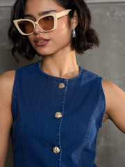 Women Navy Denim Front Open Sleeveless Top-SFTOPS42149