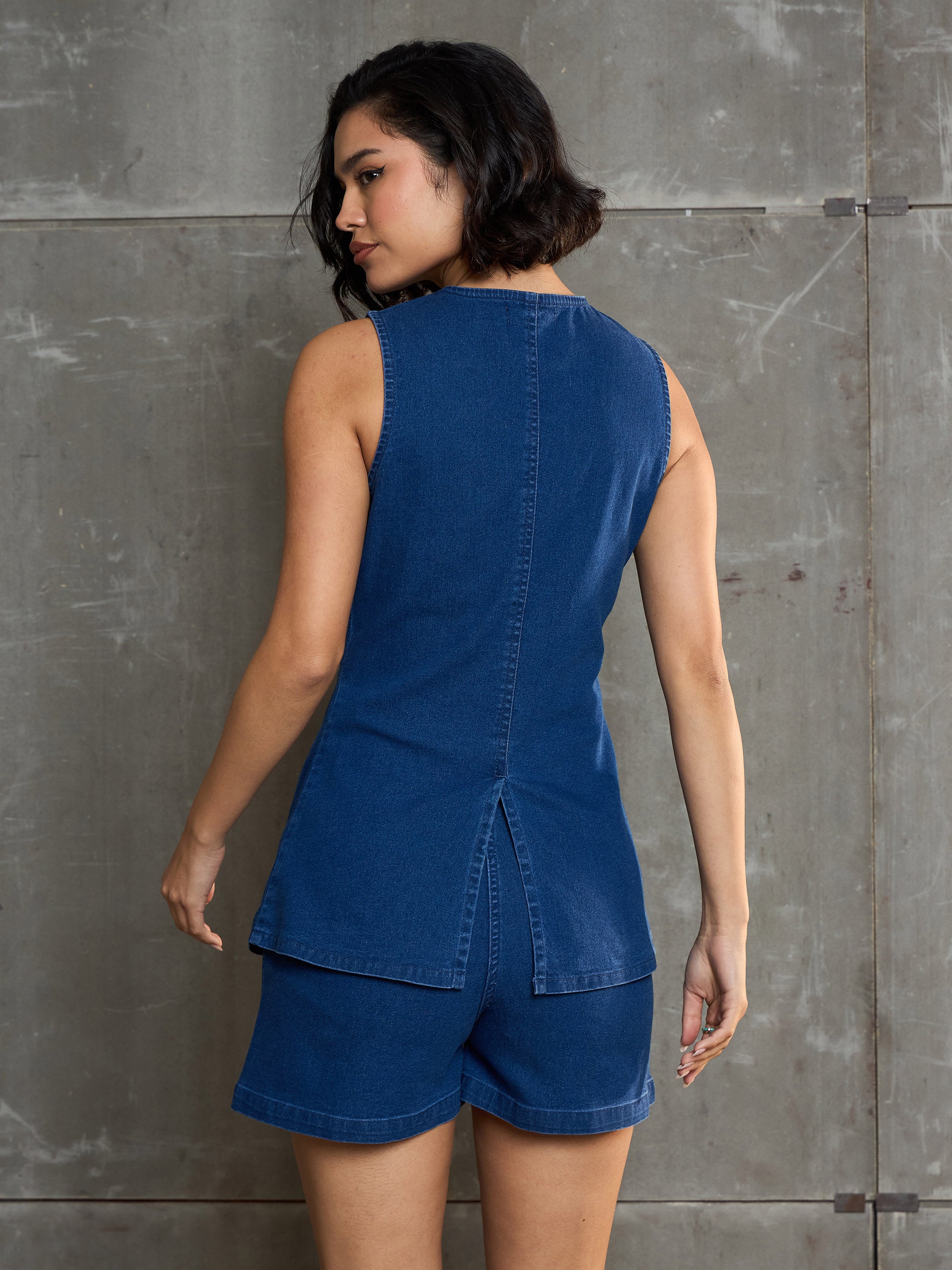 Women Navy Denim Front Open Sleeveless Top-SFTOPS42149