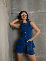 Women Navy Denim Front Open Sleeveless Top-SFTOPS42149