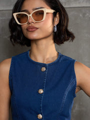 Women Navy Denim Front Open Sleeveless Top With Shorts-SFTOPS42149_SFSHOR9105