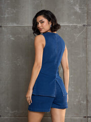 Women Navy Denim Front Open Sleeveless Top With Shorts-SFTOPS42149_SFSHOR9105