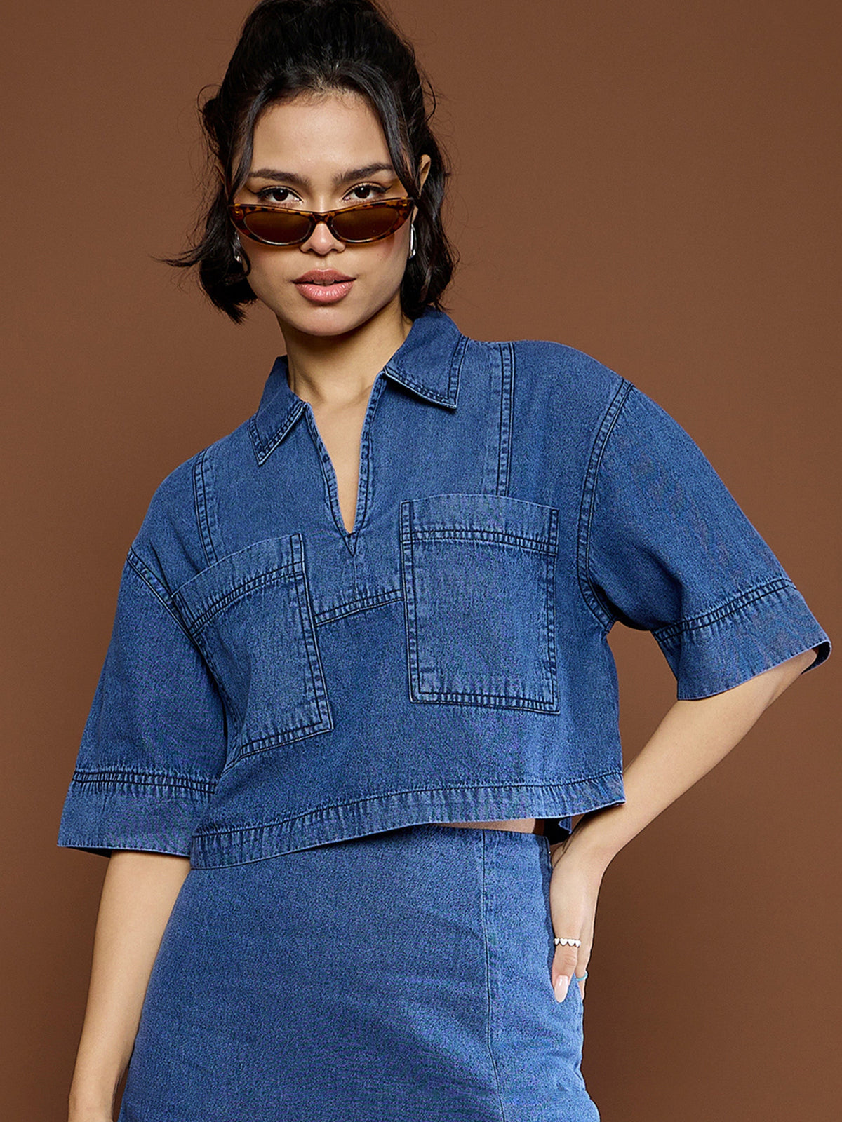 Women Blue Denim Patch Pocket Crop Top-SFTOPS42150