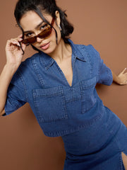 Women Blue Denim Patch Pocket Crop Top-SFTOPS42150
