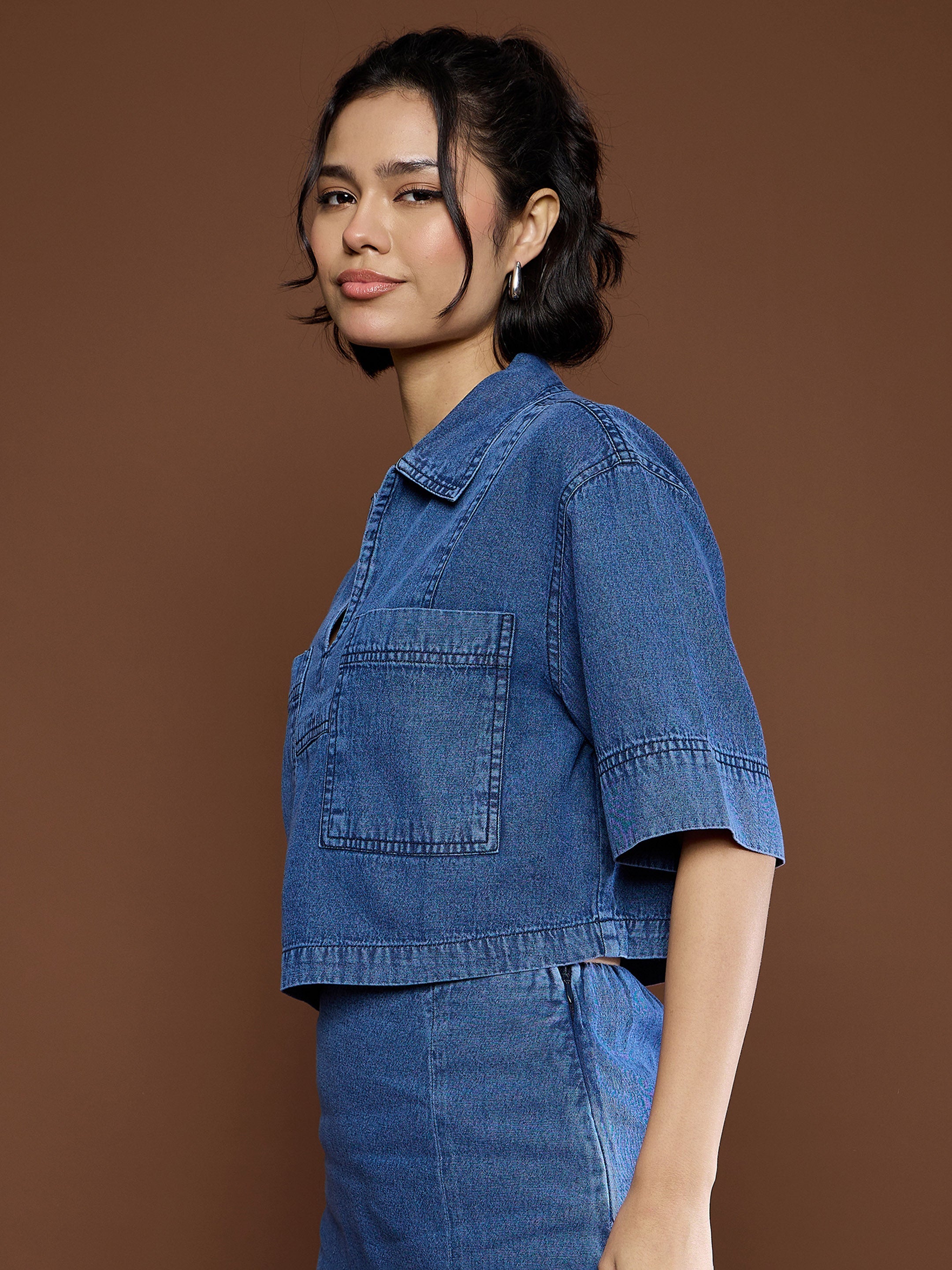 Women Blue Denim Patch Pocket Crop Top-SFTOPS42150