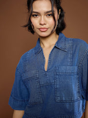 Women Blue Denim Patch Pocket Crop Top-SFTOPS42150