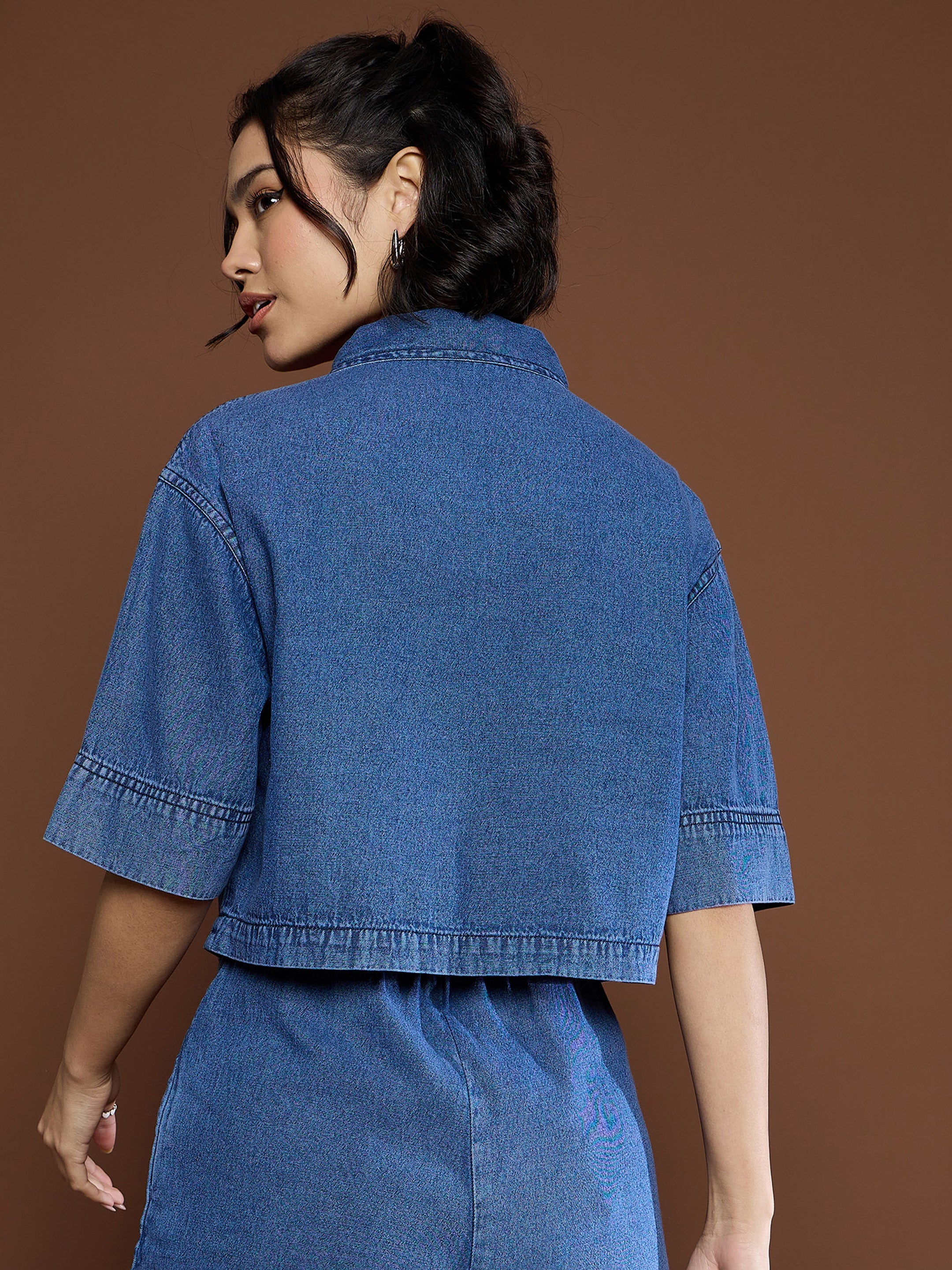 Women Blue Denim Patch Pocket Crop Top-SFTOPS42150