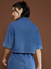 Women Blue Denim Patch Pocket Crop Top-SFTOPS42150