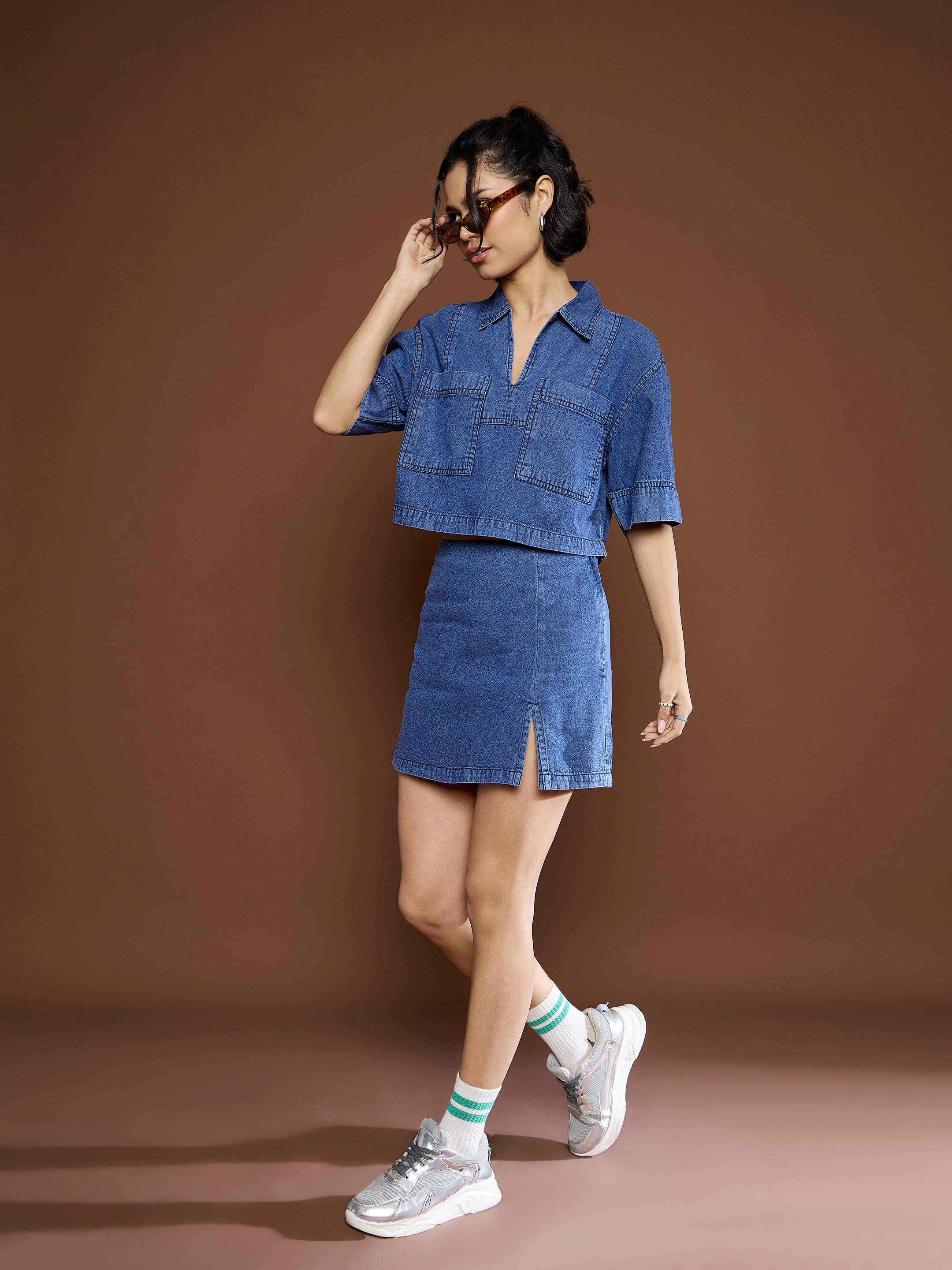 Women Blue Denim Patch Pocket Crop Top With Skorts-SFTOPS42150_SFSKRT30507