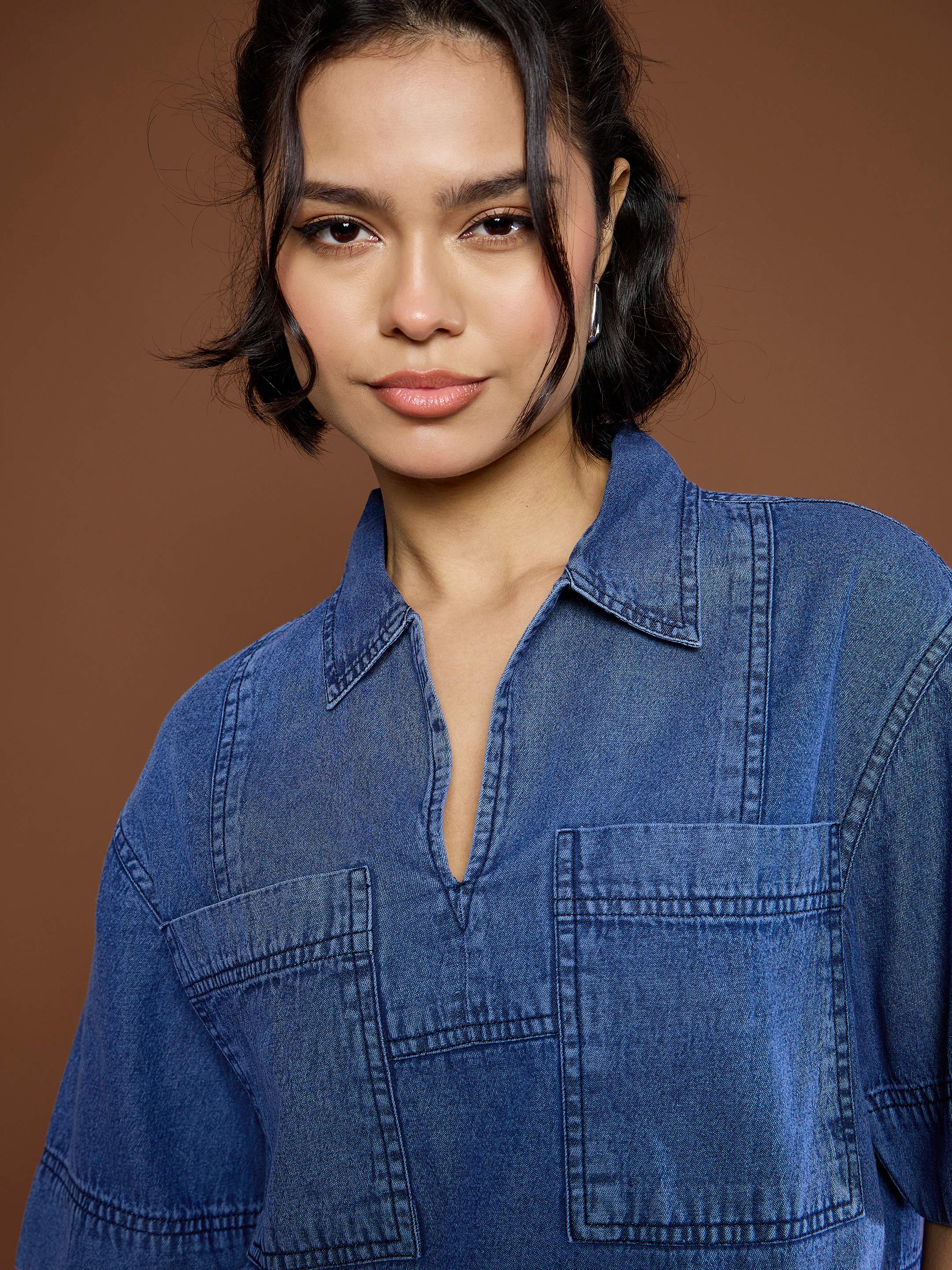 Women Blue Denim Patch Pocket Crop Top With Skorts-SFTOPS42150_SFSKRT30507