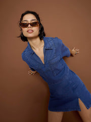 Women Blue Denim Patch Pocket Crop Top With Skorts-SFTOPS42150_SFSKRT30507