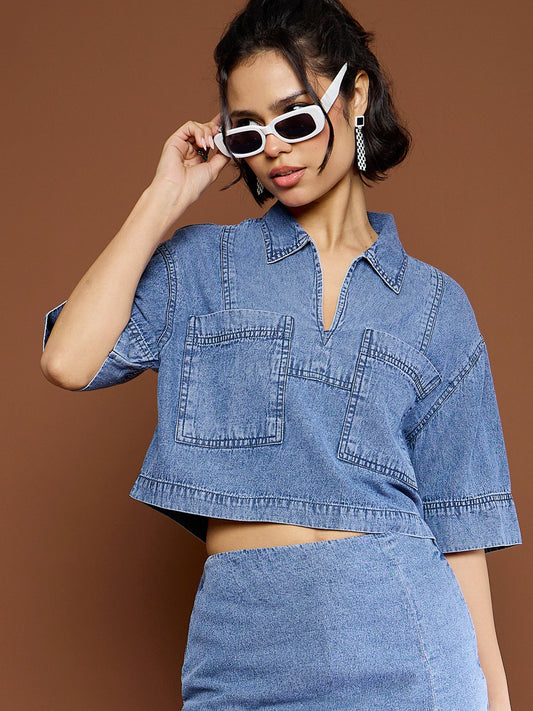 Women Blue Blast Denim Patch Pocket Crop Top-SFTOPS42151 2160
