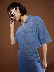 Women Blue Blast Denim Patch Pocket Crop Top-SFTOPS42151