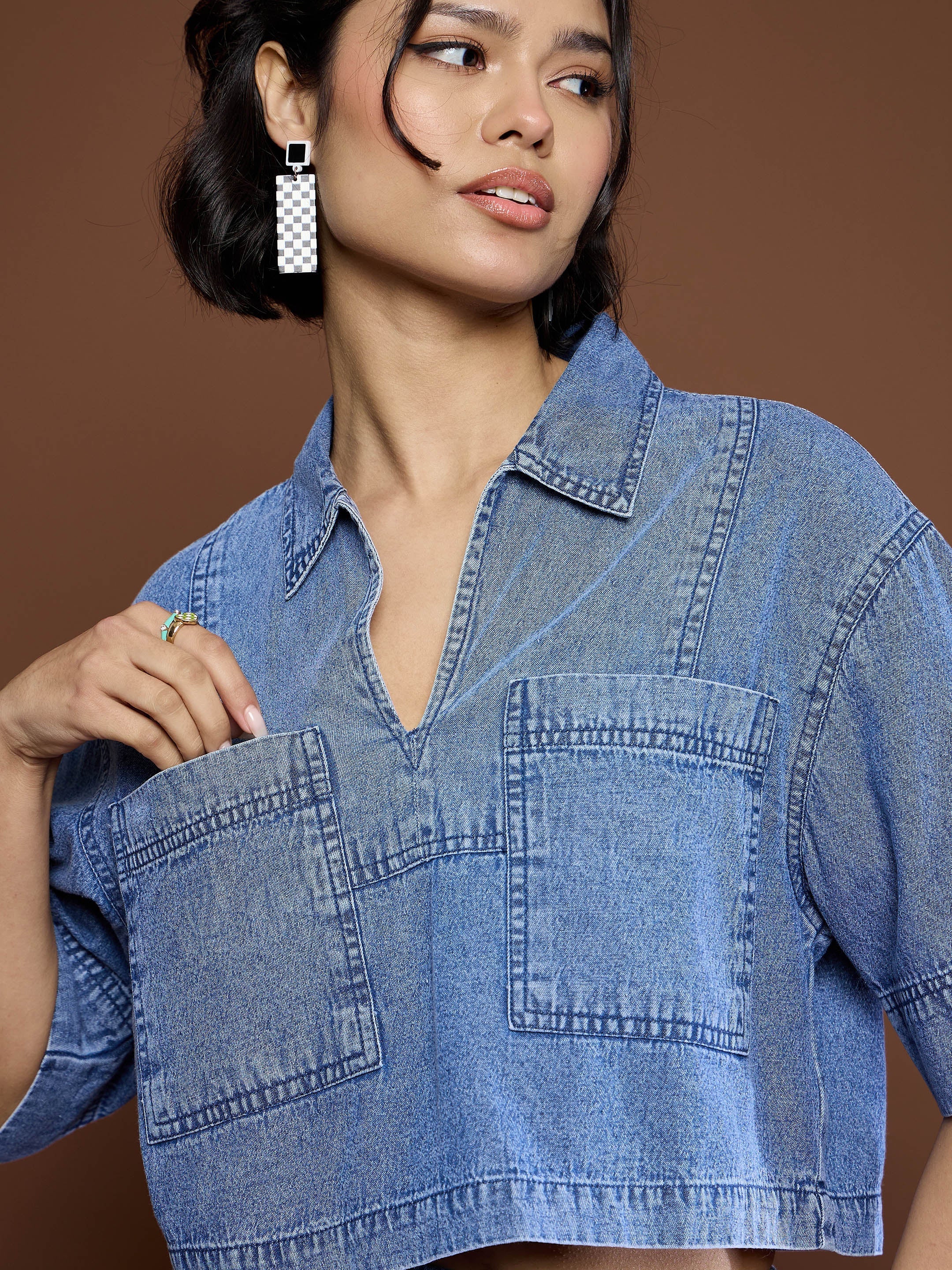 Women Blue Blast Denim Patch Pocket Crop Top-SFTOPS42151
