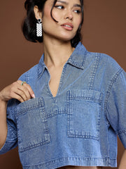 Women Blue Blast Denim Patch Pocket Crop Top-SFTOPS42151