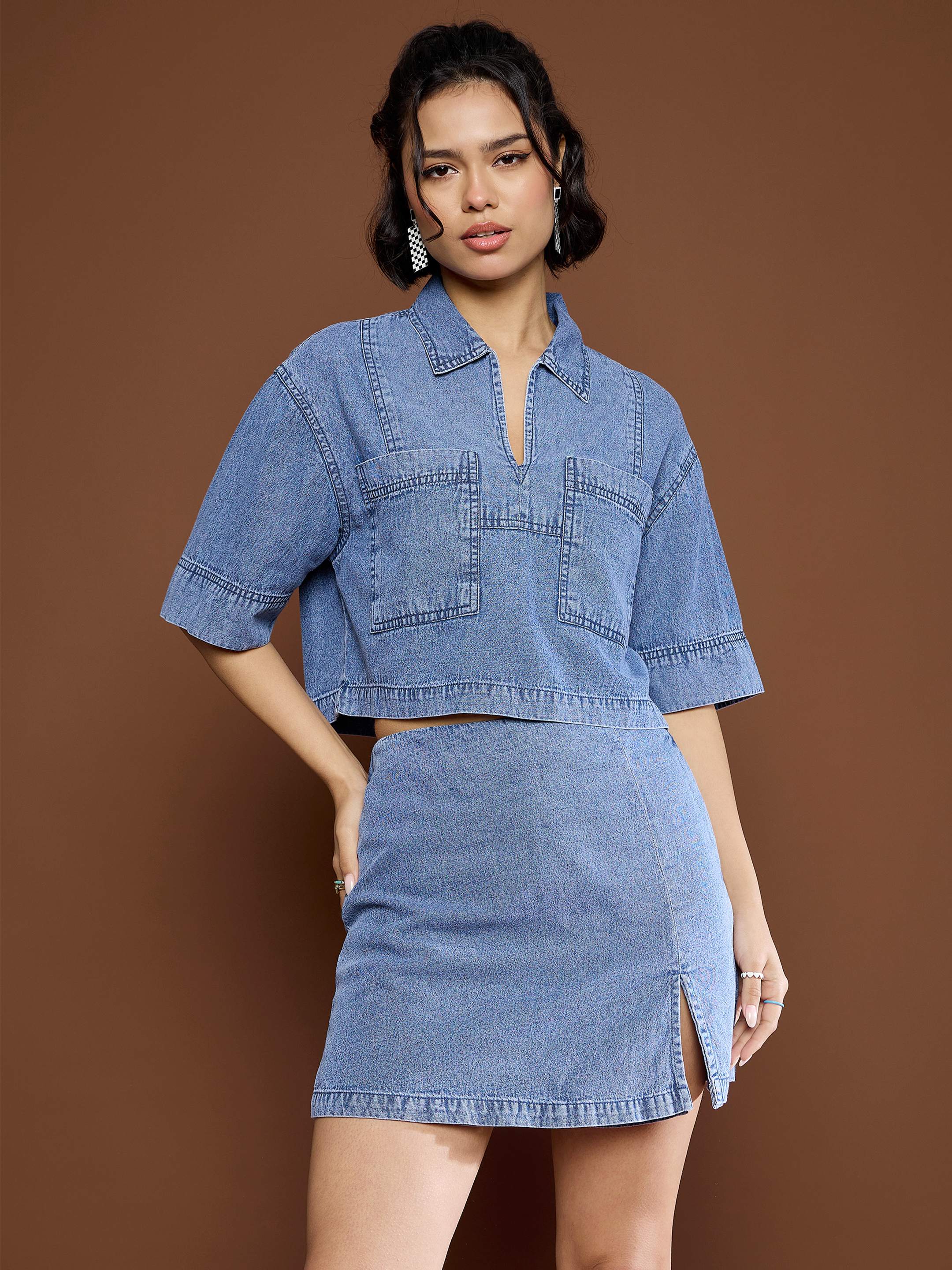 Women Blue Blast Denim Patch Pocket Crop Top With Skorts-SFTOPS42151_SFSKRT30508