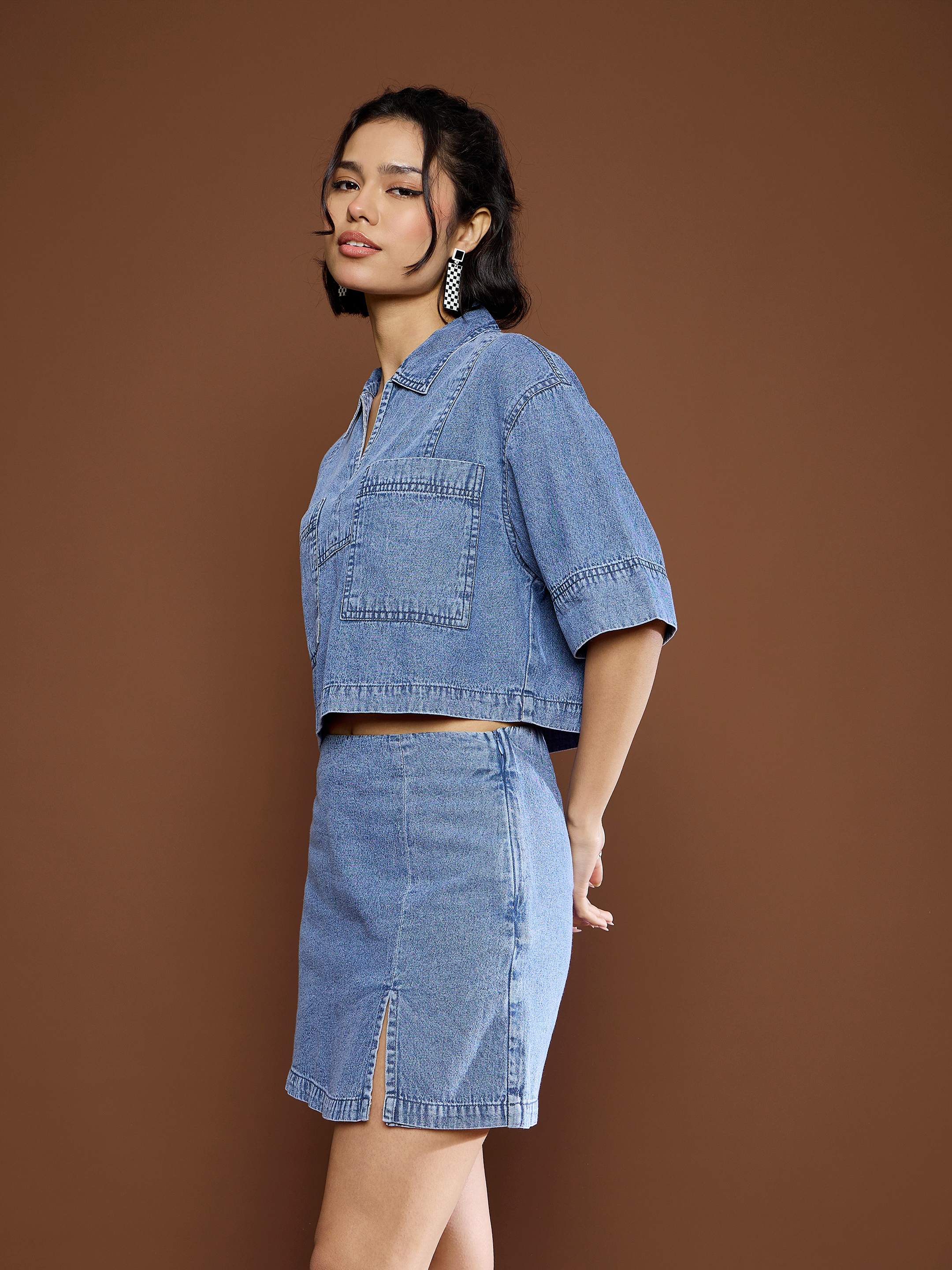 Women Blue Blast Denim Patch Pocket Crop Top With Skorts-SFTOPS42151_SFSKRT30508