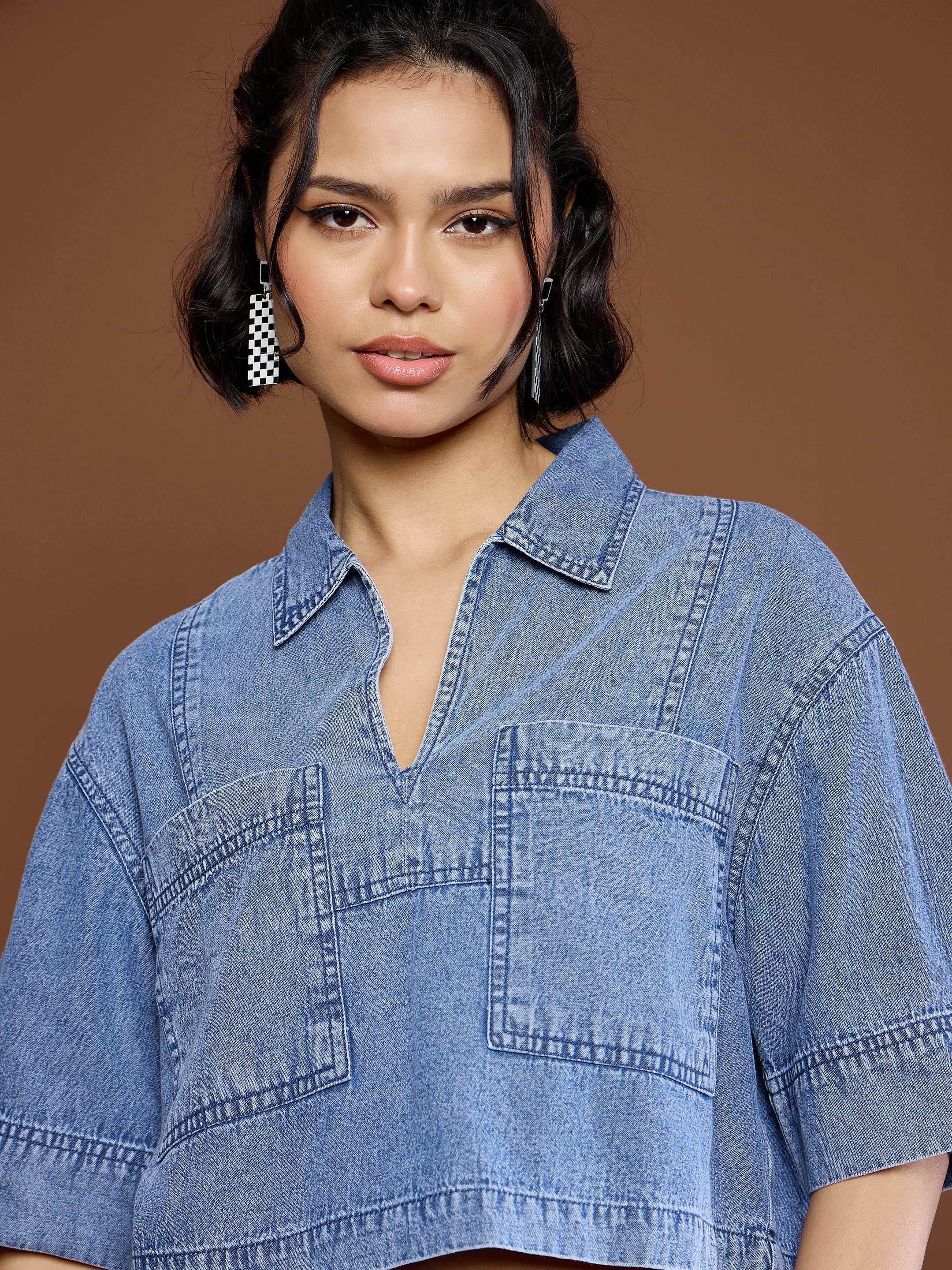 Women Blue Blast Denim Patch Pocket Crop Top With Skorts-SFTOPS42151_SFSKRT30508