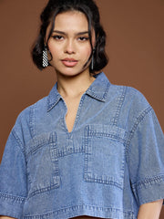 Women Blue Blast Denim Patch Pocket Crop Top With Skorts-SFTOPS42151_SFSKRT30508