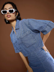 Women Blue Blast Denim Patch Pocket Crop Top With Skorts-SFTOPS42151_SFSKRT30508