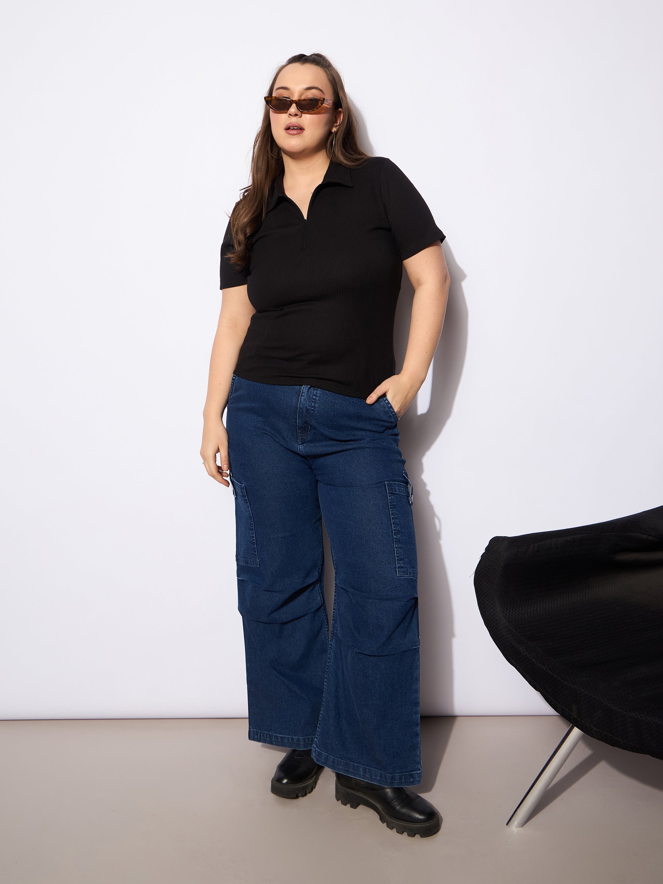 Women Black Rib Front Zipper Polo Neck Top-SFTOPS42152